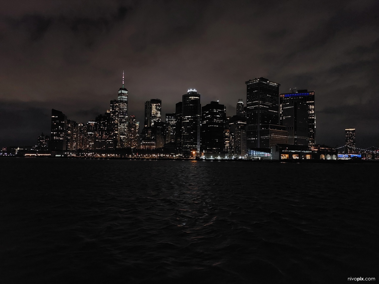 Manhattan night skyline from the Staten Island Ferry