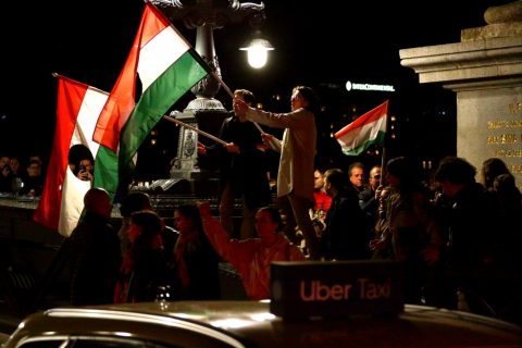 A crowd celebrating the election results on the Chain Bridge. – Budapest, Hungary
