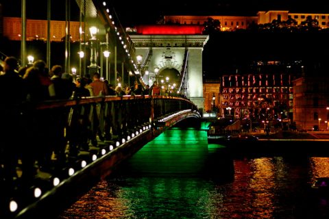 A crowd celebrating the election results on the Chain Bridge. – Budapest, Hungary