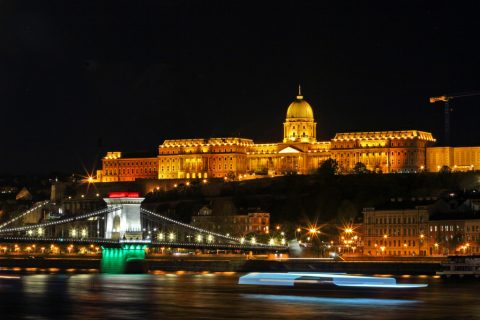 The Chain Bridge illuminated in the colors of the Hungarian flag on election night. – Budapest, Hungary